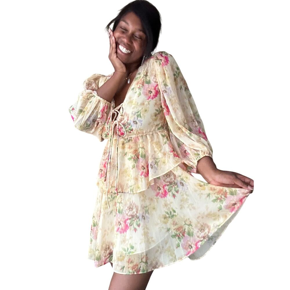 🥶 Ted Baker Yellow Tamziiy Floral Tiered Mini Dress Size XS